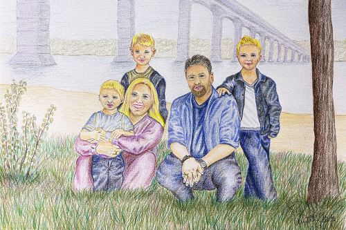 Familieportræt - farveblyant